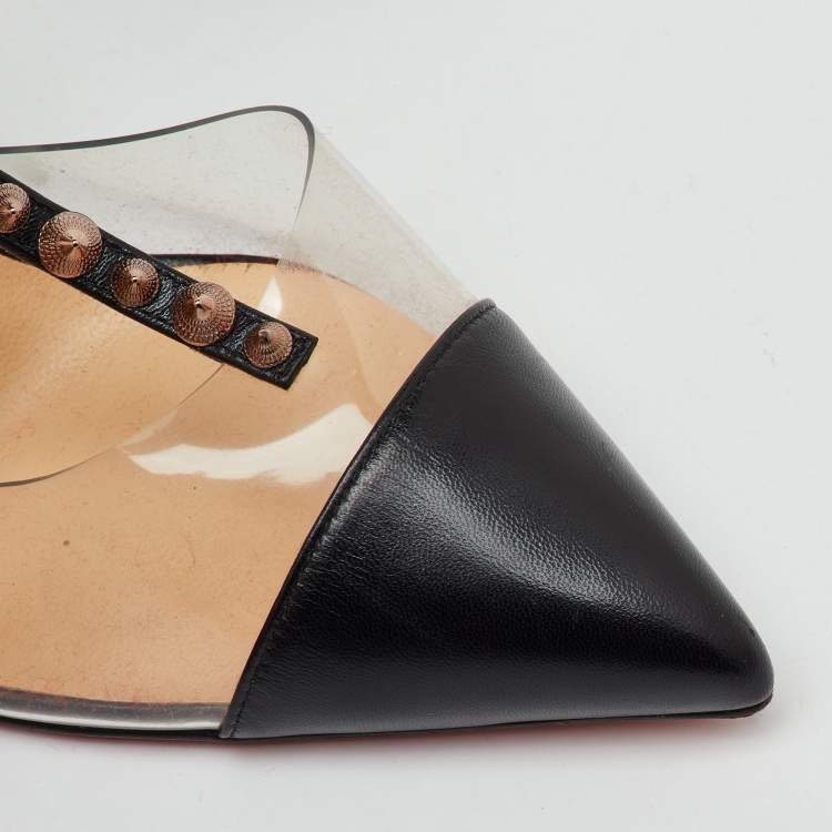 Pre Owned Christian Louboutin Black Leather and PVC Nosy Spikes T-Strap Sandals Size 38