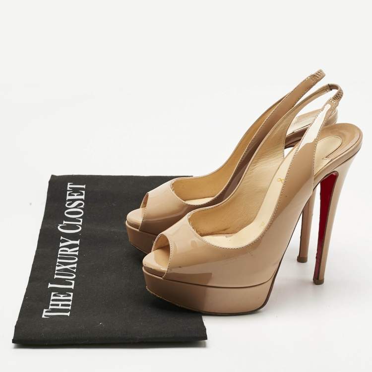 Pre Owned Christian Louboutin Beige Patent Leather Private Number Peep Toe Pumps Size 35.5