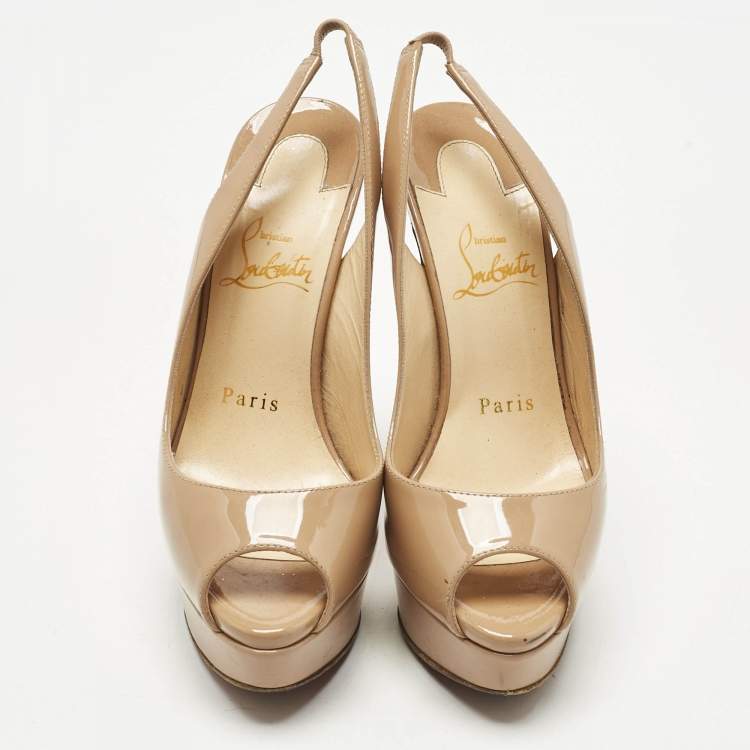 Pre Owned Christian Louboutin Beige Patent Leather Private Number Peep Toe Pumps Size 35.5
