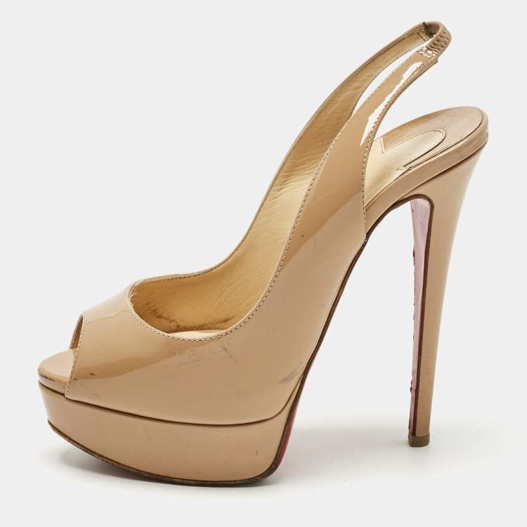 Pre Owned Christian Louboutin Beige Patent Leather Private Number Peep Toe Pumps Size 35.5