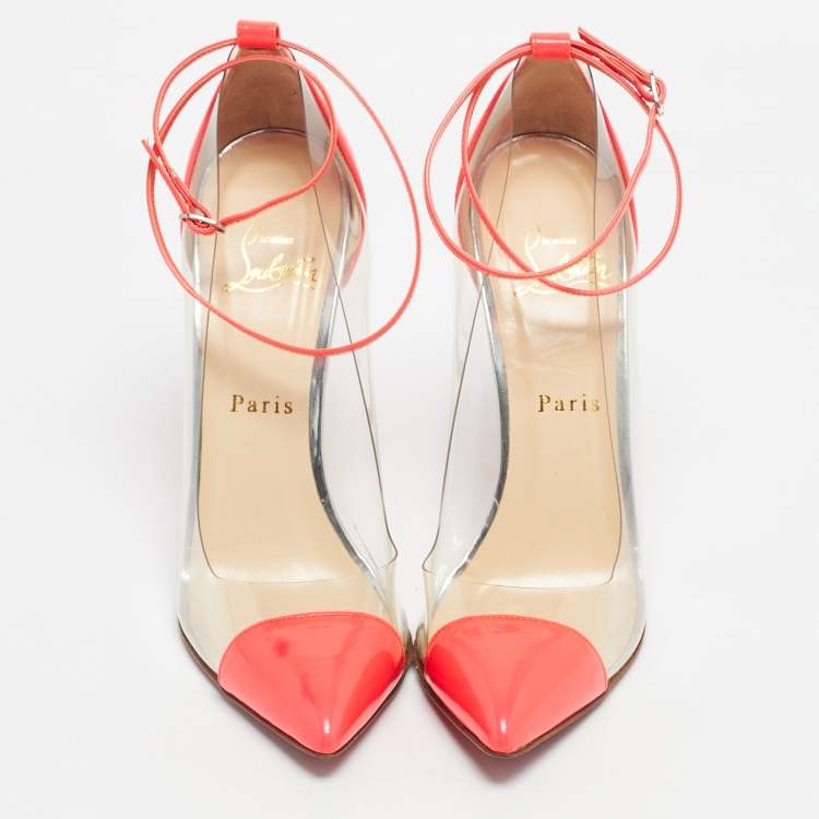 Pre Owned Christian Louboutin Pink Patent Leather and PVC Bis Un Bout Mary Jane Pumps Size 37.5