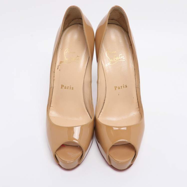 Pre Owned Christian Louboutin Beige Patent Leather Very Prive Peep Toe Platform Pumps Size 37