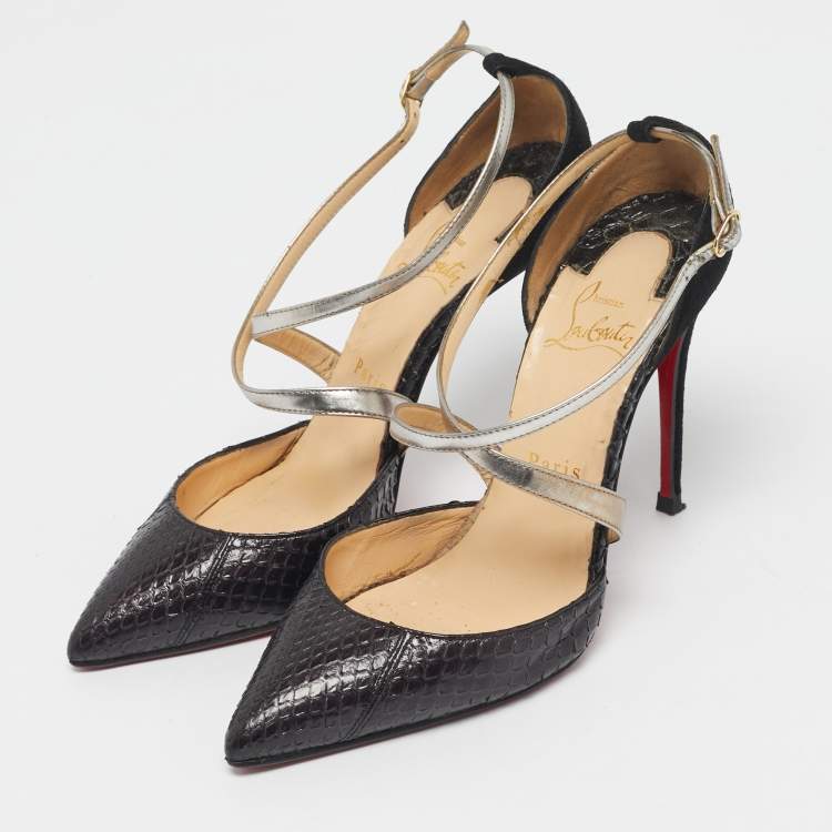 Pre Owned Christian Louboutin Black/Gold Python and Suede Maltaise Pointed Toe Sandals Size 37.5