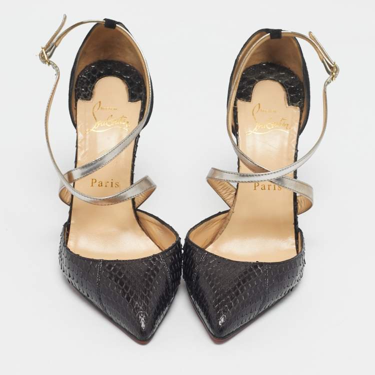 Pre Owned Christian Louboutin Black/Gold Python and Suede Maltaise Pointed Toe Sandals Size 37.5
