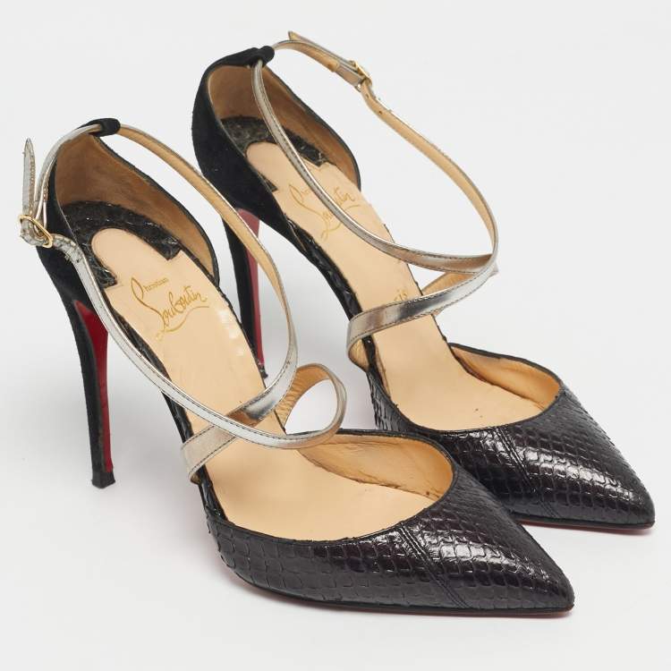 Pre Owned Christian Louboutin Black/Gold Python and Suede Maltaise Pointed Toe Sandals Size 37.5