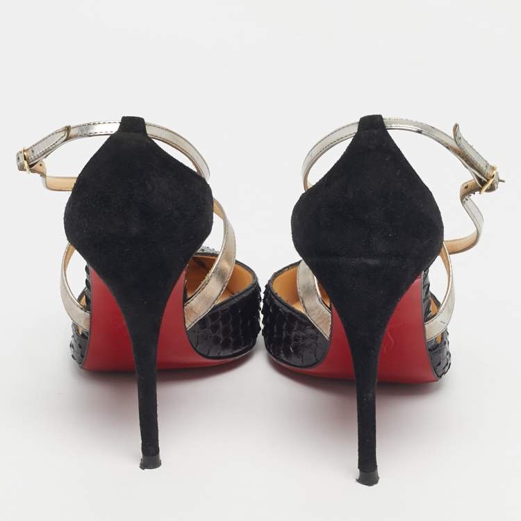 Pre Owned Christian Louboutin Black/Gold Python and Suede Maltaise Pointed Toe Sandals Size 37.5