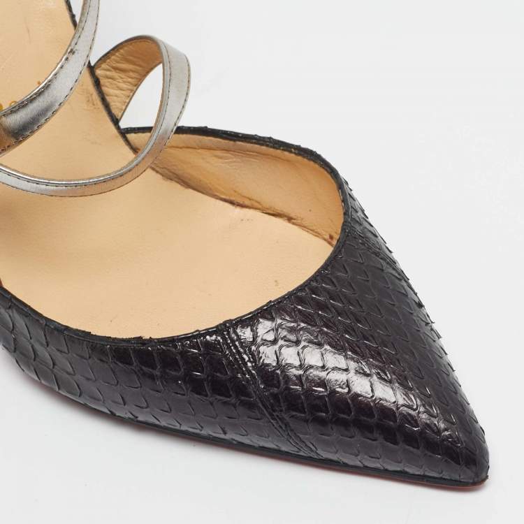 Pre Owned Christian Louboutin Black/Gold Python and Suede Maltaise Pointed Toe Sandals Size 37.5