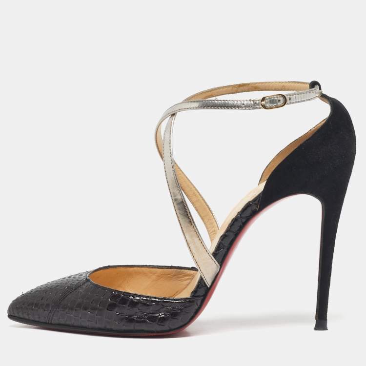 Pre Owned Christian Louboutin Black/Gold Python and Suede Maltaise Pointed Toe Sandals Size 37.5