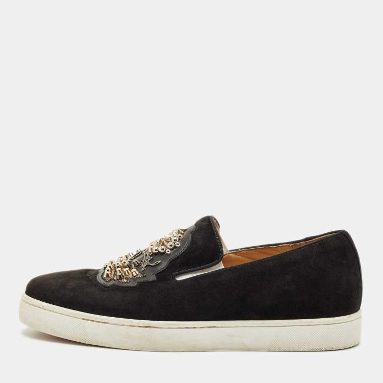 Pre Owned Christian Louboutin Black Suede Embellished Slip On Sneakers Size 39