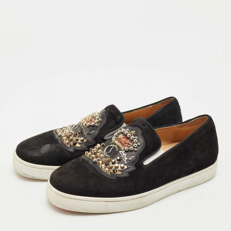 Pre Owned Christian Louboutin Black Suede Embellished Slip On Sneakers Size 39