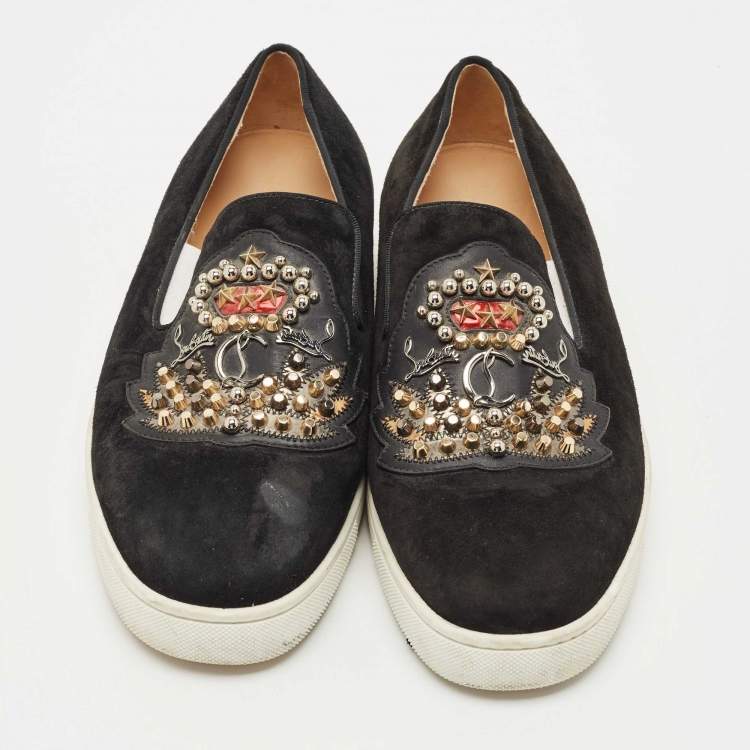 Pre Owned Christian Louboutin Black Suede Embellished Slip On Sneakers Size 39