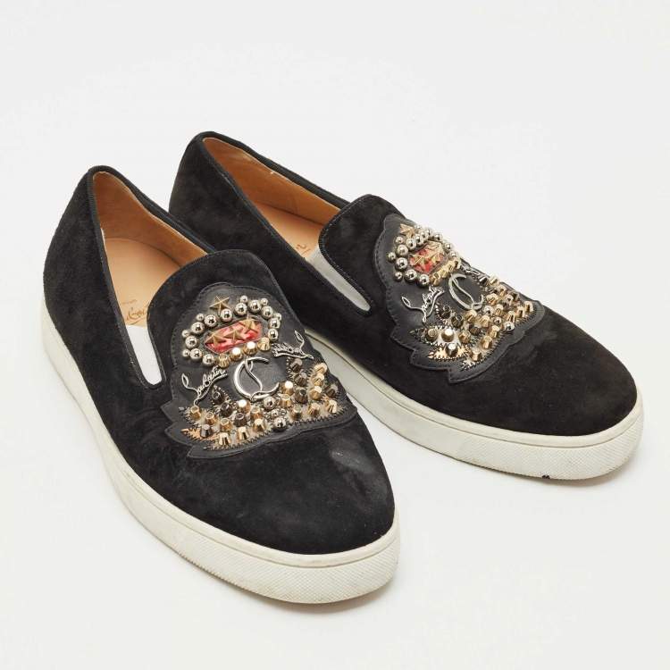 Pre Owned Christian Louboutin Black Suede Embellished Slip On Sneakers Size 39