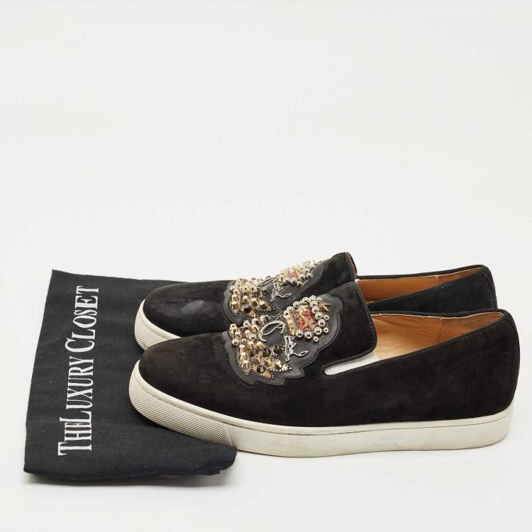 Pre Owned Christian Louboutin Black Suede Embellished Slip On Sneakers Size 39