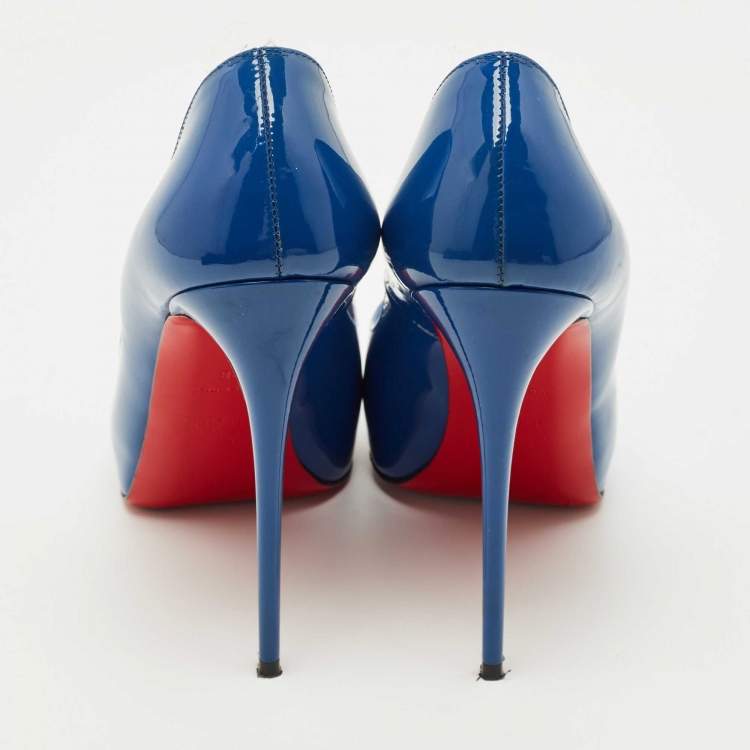 Pre Owned Christian Louboutin Blue Patent Leather Very Prive Peep Toe Pumps Size 38