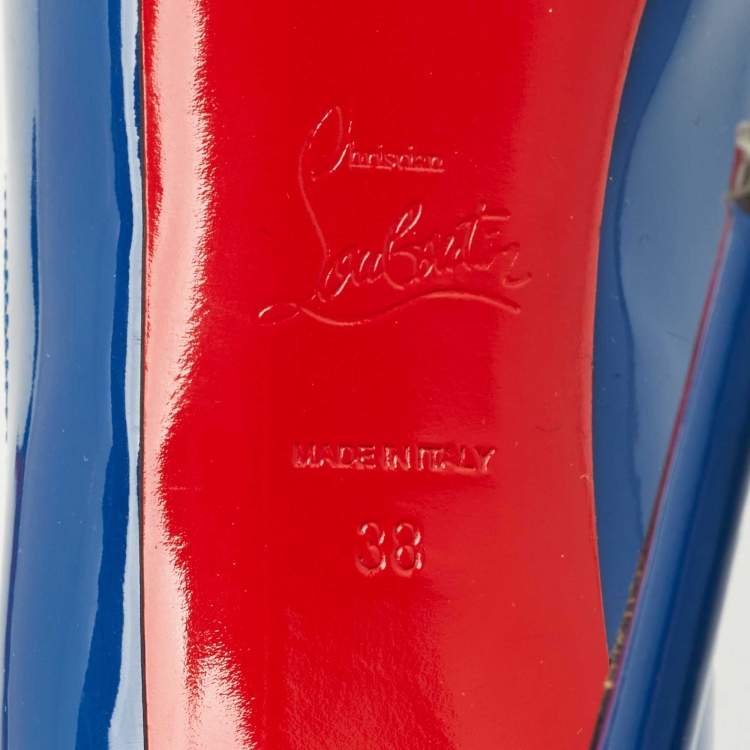 Pre Owned Christian Louboutin Blue Patent Leather Very Prive Peep Toe Pumps Size 38