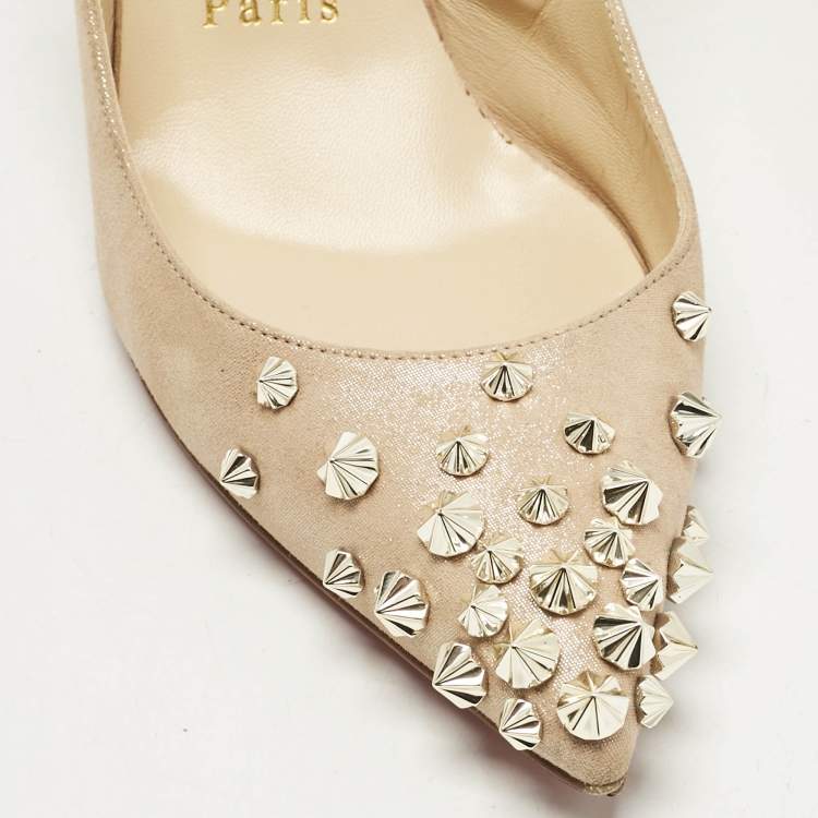Pre Owned Christian Louboutin Metallic Beige Suede Drama Spikes Slingback Pumps Size 36