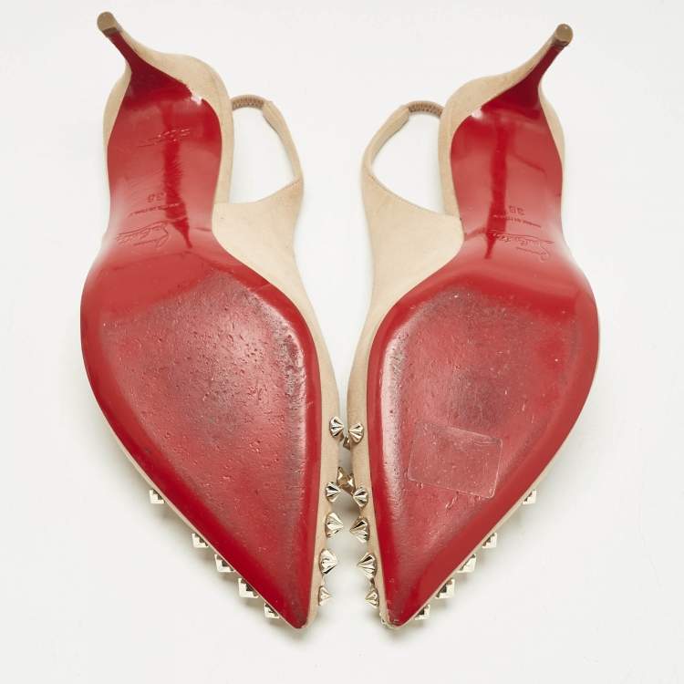 Pre Owned Christian Louboutin Metallic Beige Suede Drama Spikes Slingback Pumps Size 36