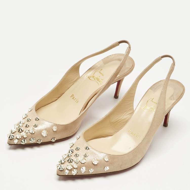 Pre Owned Christian Louboutin Metallic Beige Suede Drama Spikes Slingback Pumps Size 36