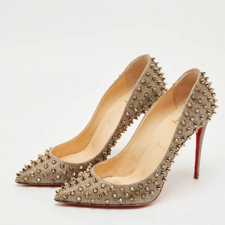 Pre Owned Christian Louboutin Gold Lurex Fabric Pigalle Follies Spikes Pumps Size 39
