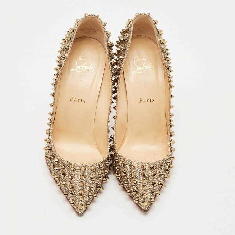 Pre Owned Christian Louboutin Gold Lurex Fabric Pigalle Follies Spikes Pumps Size 39