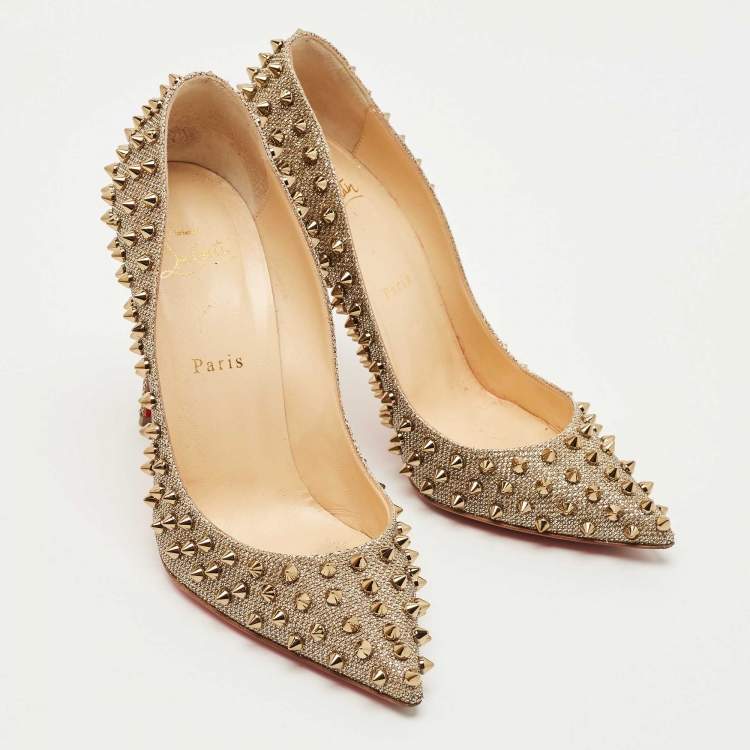 Pre Owned Christian Louboutin Gold Lurex Fabric Pigalle Follies Spikes Pumps Size 39