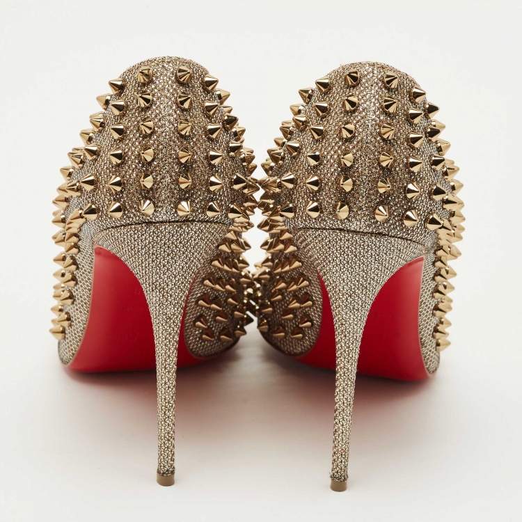 Pre Owned Christian Louboutin Gold Lurex Fabric Pigalle Follies Spikes Pumps Size 39