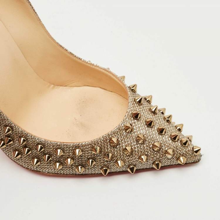 Pre Owned Christian Louboutin Gold Lurex Fabric Pigalle Follies Spikes Pumps Size 39