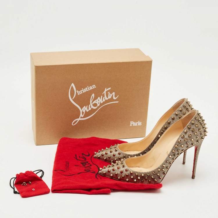 Pre Owned Christian Louboutin Gold Lurex Fabric Pigalle Follies Spikes Pumps Size 39
