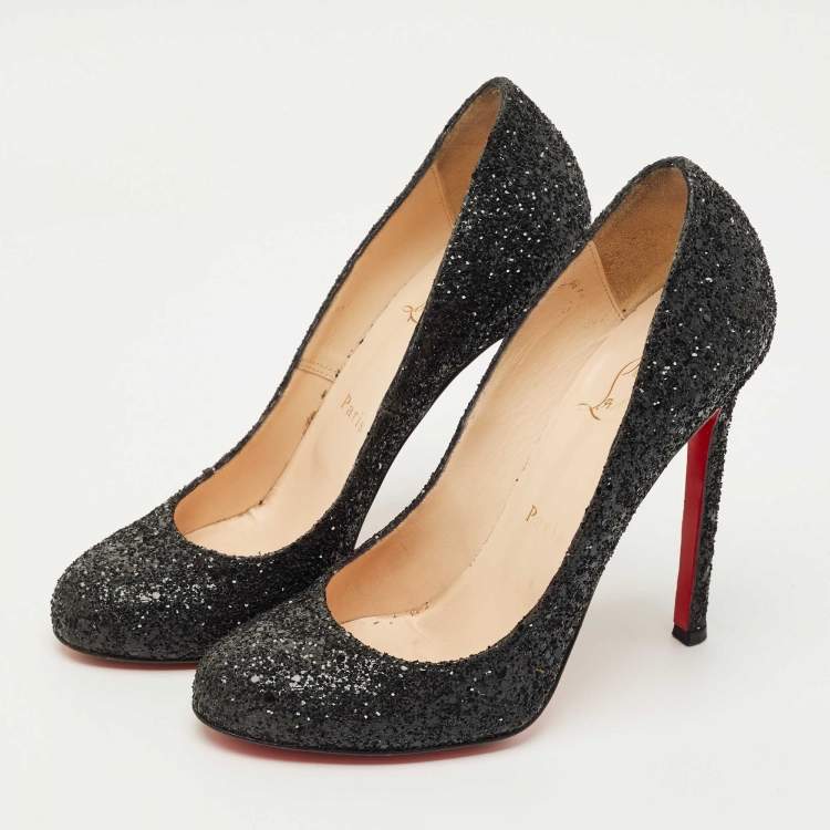 Pre Owned Christian Louboutin Black Glitter Lady Lynch Pumps Size 37
