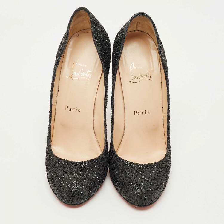 Pre Owned Christian Louboutin Black Glitter Lady Lynch Pumps Size 37