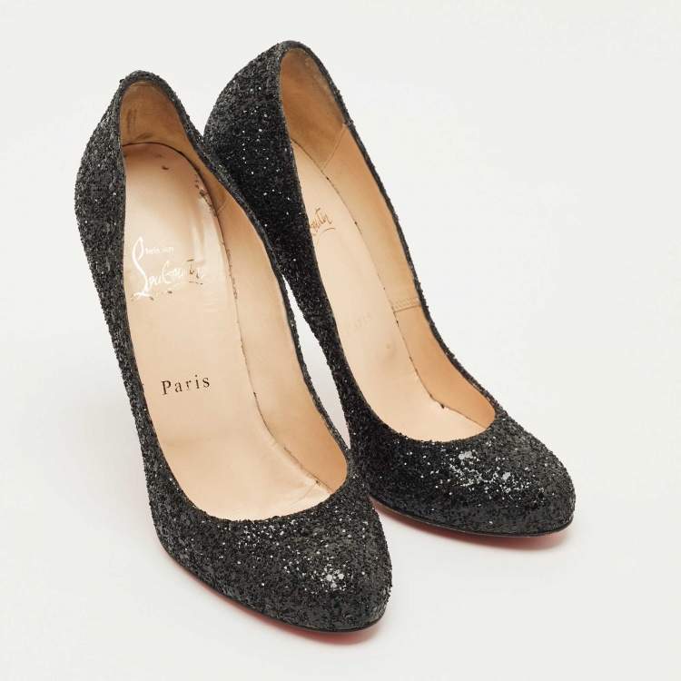 Pre Owned Christian Louboutin Black Glitter Lady Lynch Pumps Size 37