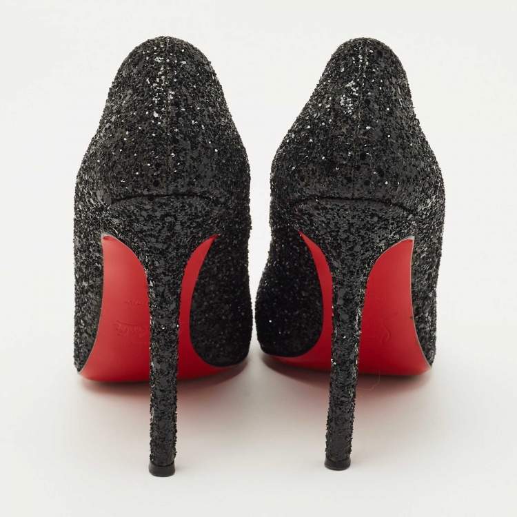 Pre Owned Christian Louboutin Black Glitter Lady Lynch Pumps Size 37