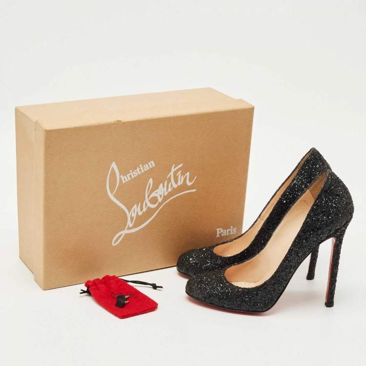 Pre Owned Christian Louboutin Black Glitter Lady Lynch Pumps Size 37