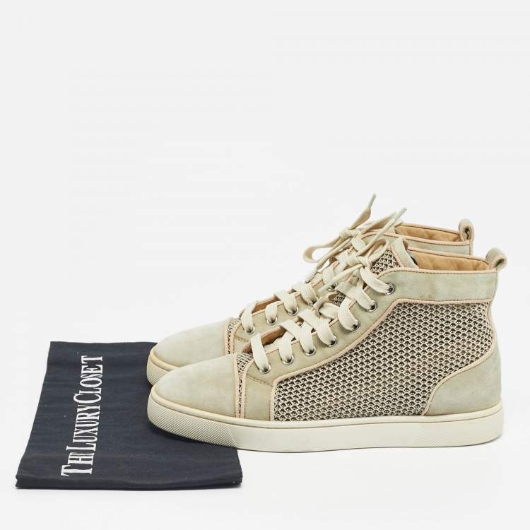 Pre Owned Christian Louboutin Beige/Grey Woven Fabric and Leather Rantus Orlato High Top Sneakers Size 39