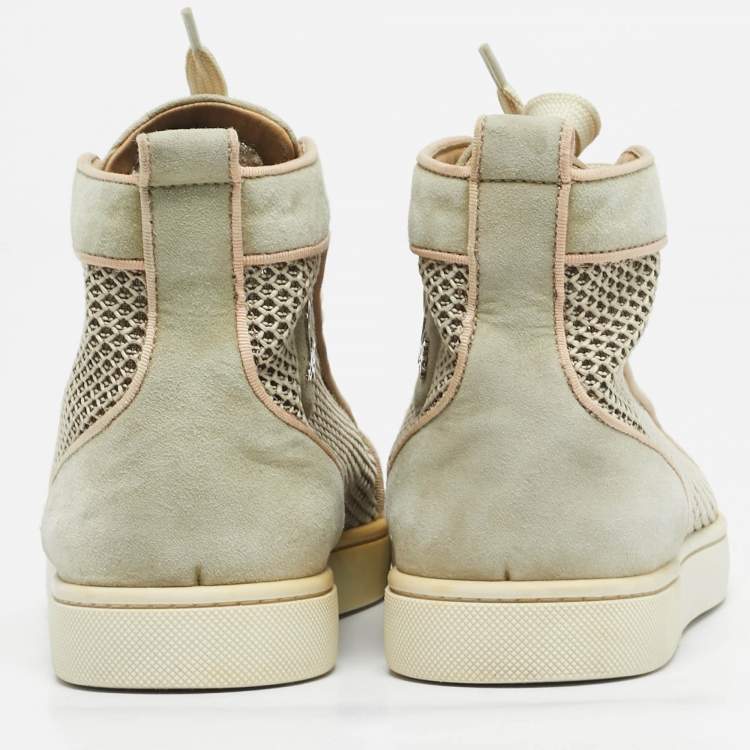 Pre Owned Christian Louboutin Beige/Grey Woven Fabric and Leather Rantus Orlato High Top Sneakers Size 39