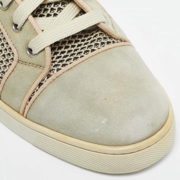 Pre Owned Christian Louboutin Beige/Grey Woven Fabric and Leather Rantus Orlato High Top Sneakers Size 39