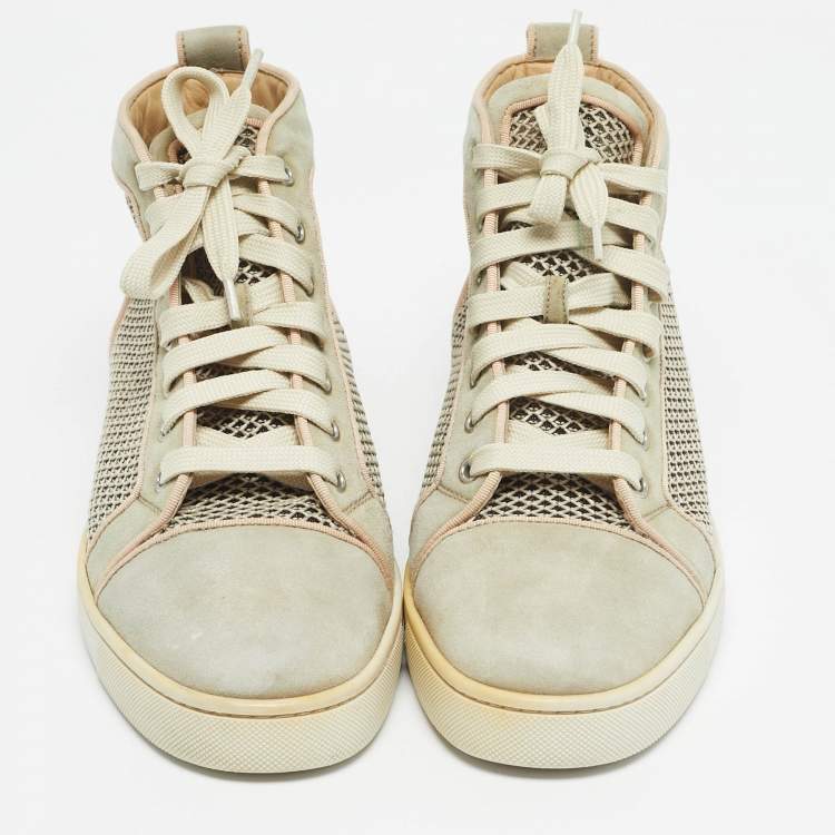 Pre Owned Christian Louboutin Beige/Grey Woven Fabric and Leather Rantus Orlato High Top Sneakers Size 39