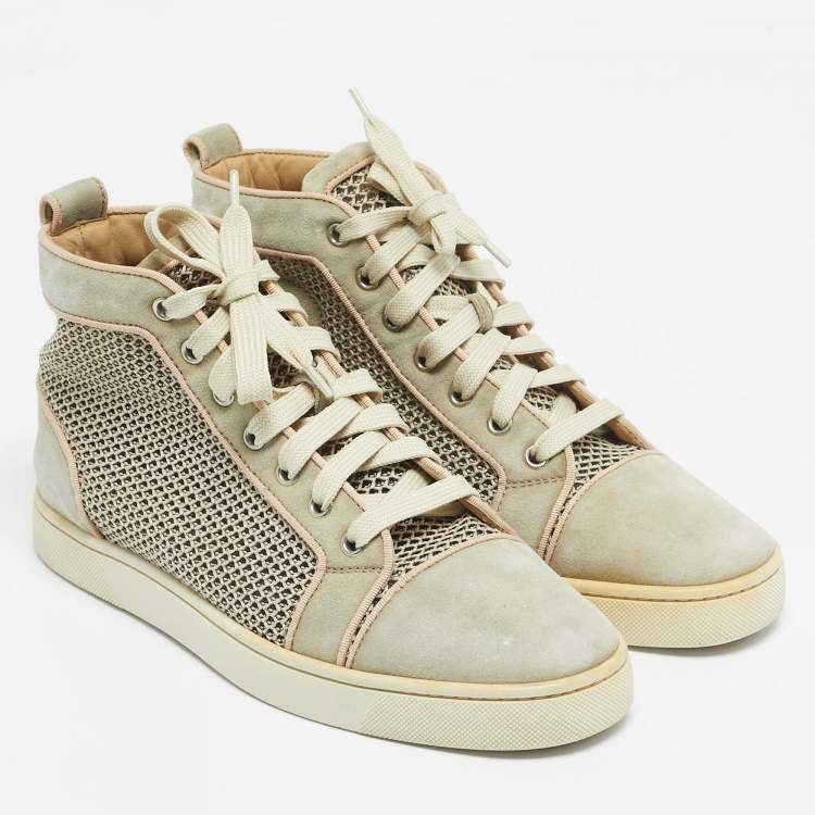 Pre Owned Christian Louboutin Beige/Grey Woven Fabric and Leather Rantus Orlato High Top Sneakers Size 39