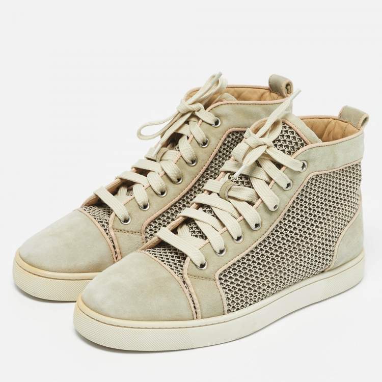 Pre Owned Christian Louboutin Beige/Grey Woven Fabric and Leather Rantus Orlato High Top Sneakers Size 39