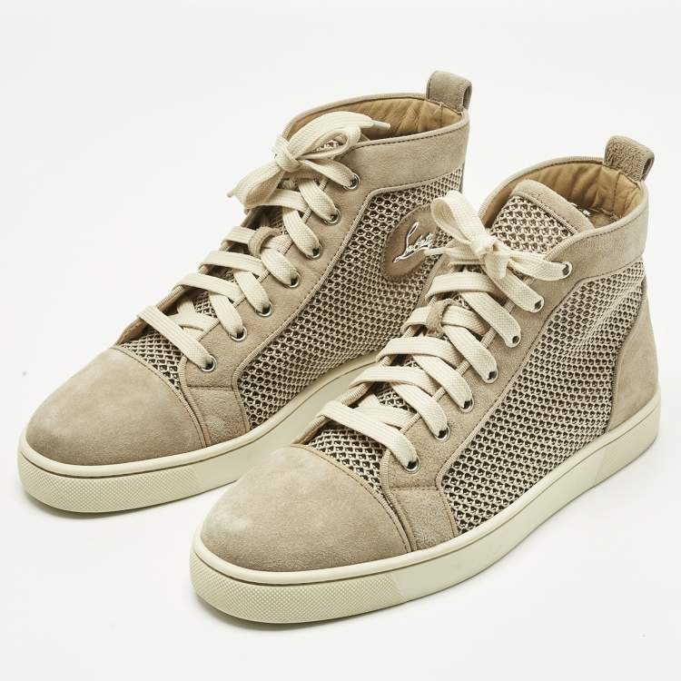 Pre Owned Christian Louboutin Beige/Cream Woven Fabric and Suede Rantus Orlato High Top Sneakers Size 39.5