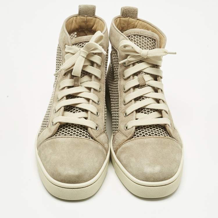 Pre Owned Christian Louboutin Beige/Cream Woven Fabric and Suede Rantus Orlato High Top Sneakers Size 39.5