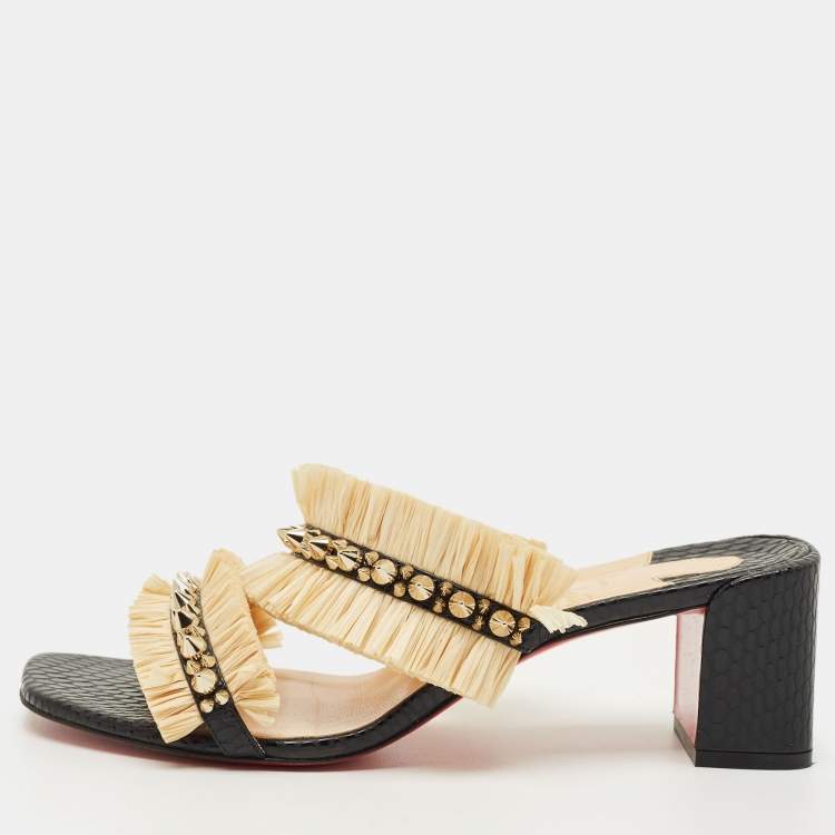 Pre Owned Christian Louboutin Black Python Effect Leather and Raffia Marivodu Slide Sandals Size 38.5
