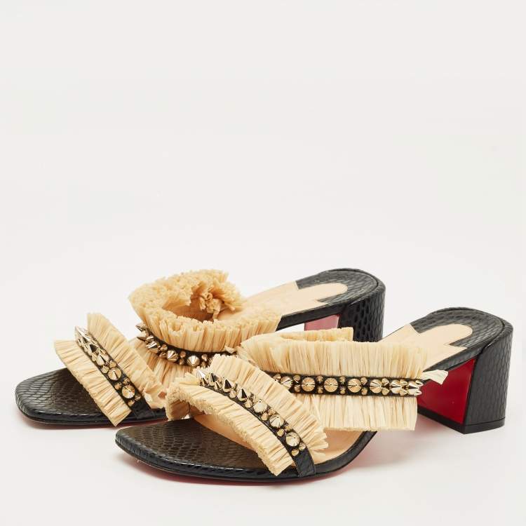 Pre Owned Christian Louboutin Black Python Effect Leather and Raffia Marivodu Slide Sandals Size 38.5