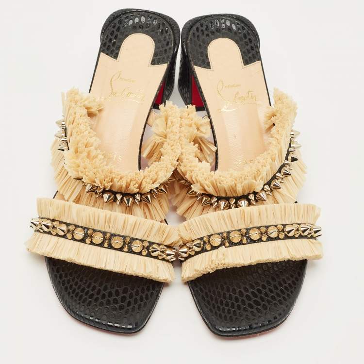 Pre Owned Christian Louboutin Black Python Effect Leather and Raffia Marivodu Slide Sandals Size 38.5