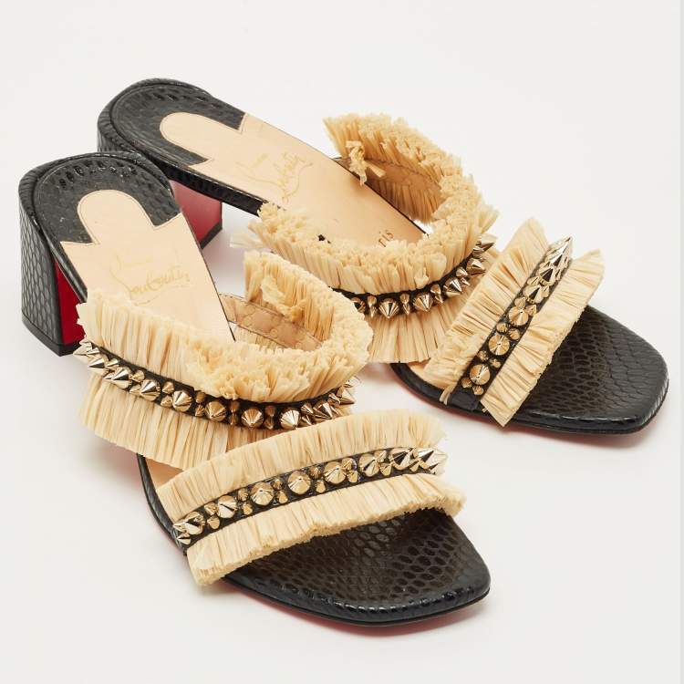Pre Owned Christian Louboutin Black Python Effect Leather and Raffia Marivodu Slide Sandals Size 38.5