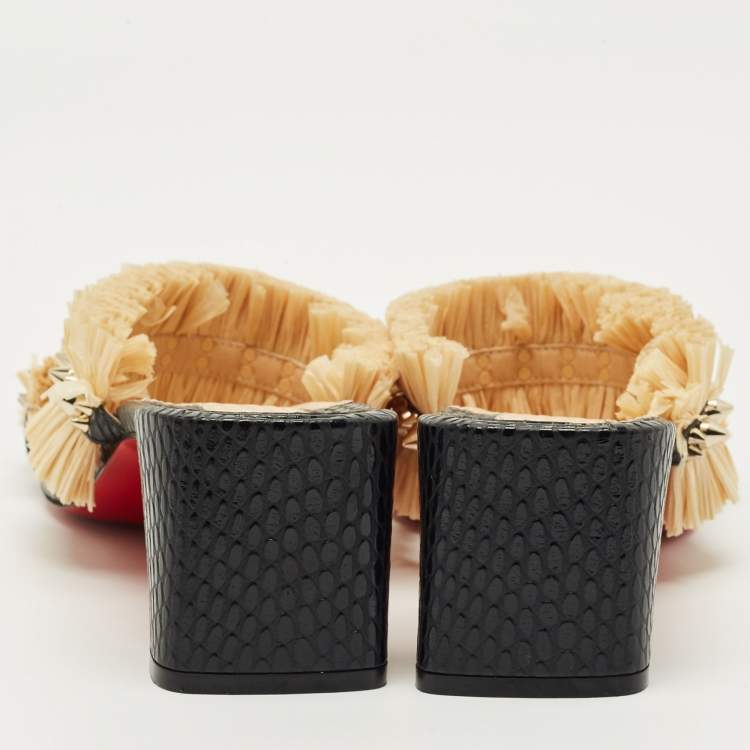 Pre Owned Christian Louboutin Black Python Effect Leather and Raffia Marivodu Slide Sandals Size 38.5