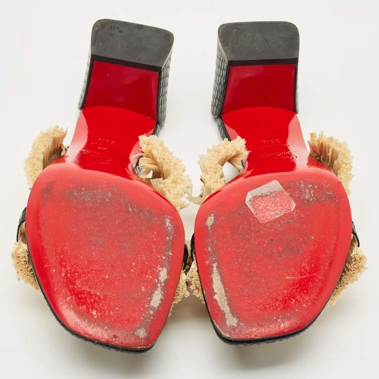 Pre Owned Christian Louboutin Black Python Effect Leather and Raffia Marivodu Slide Sandals Size 38.5