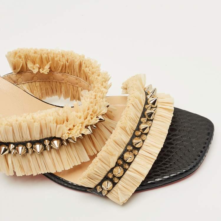 Pre Owned Christian Louboutin Black Python Effect Leather and Raffia Marivodu Slide Sandals Size 38.5