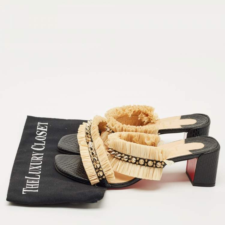 Pre Owned Christian Louboutin Black Python Effect Leather and Raffia Marivodu Slide Sandals Size 38.5