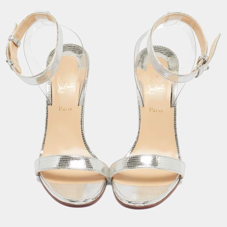 Pre Owned Christian Louboutin Silver/Transparent Leather And PVC Jonatina Sandals Size 36